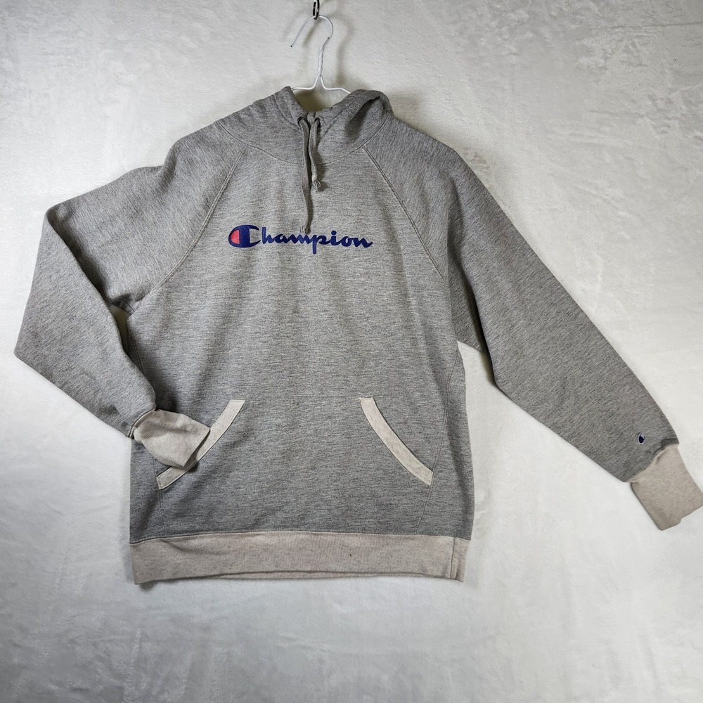 Champion Hoodie Mens Medium Pullover Spell Out‎ Logo Gray Athletic Sweatshirt